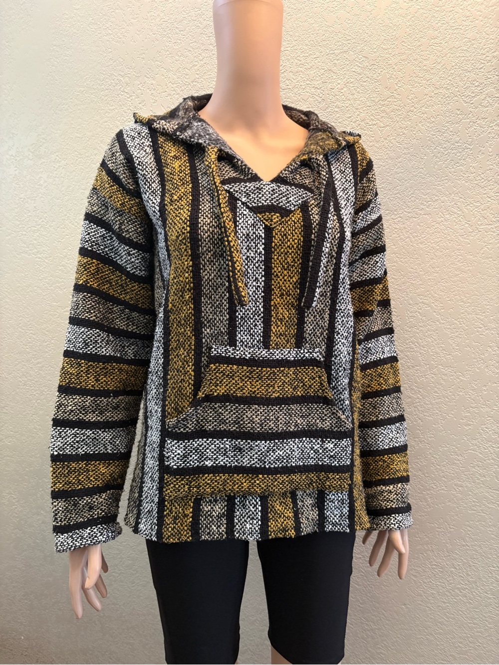 Striped Hooded Baja Pullover Hoodie - Mustard, Black & White